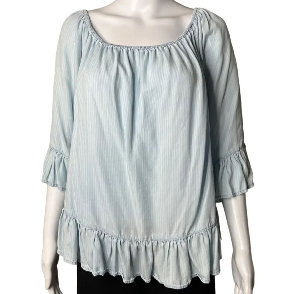 BeachLunchLounge Ruffle Striped 3/4 Sleeve Top Blue and White Size Large